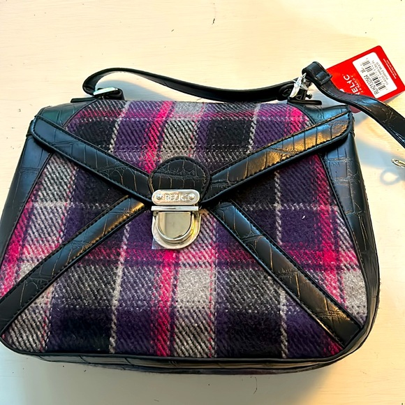Relic Handbags - Relic purple multi plaid fabric/faux leather satchel/shoulder bag, silver accent